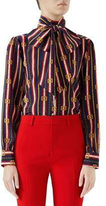 Gucci Bow-Neck Long-Sleeve Button-Front Silk Crepe de Chine Blouse