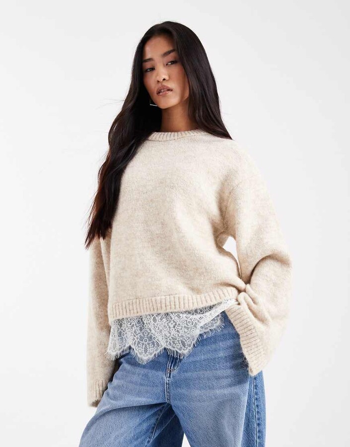 ASOS DESIGN knit fluffy wide sleeve sweater with lace hem in ecru