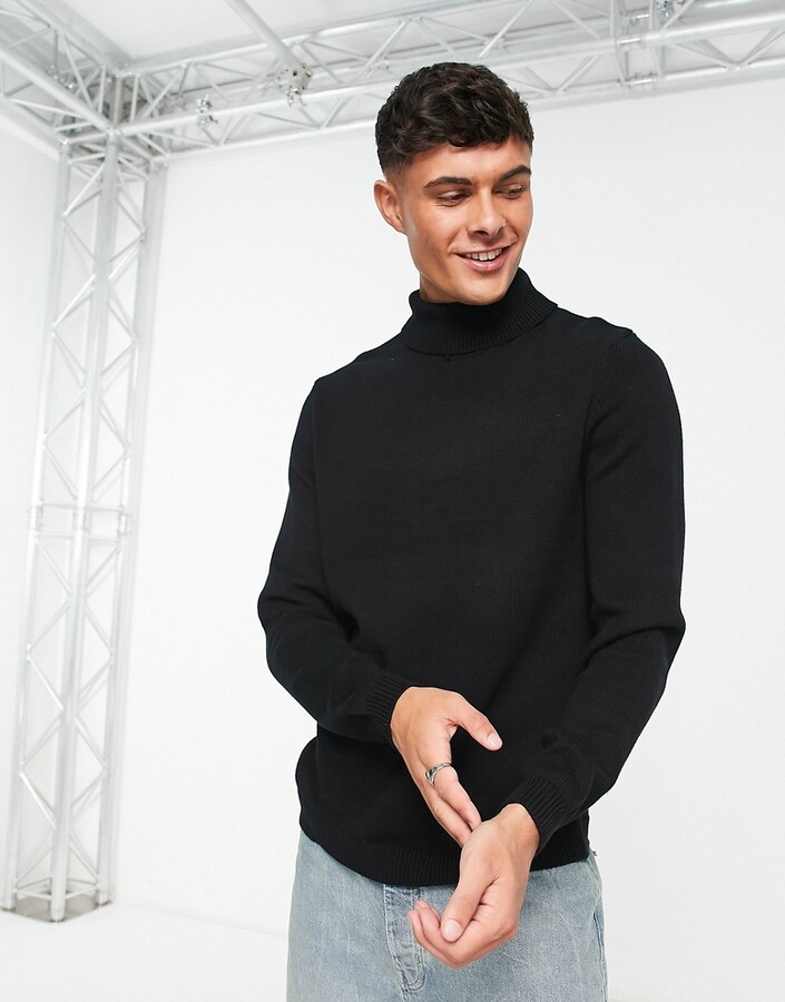 Asos Design Muscle Fit Ribbed Roll Neck Sweater In Black High Neck