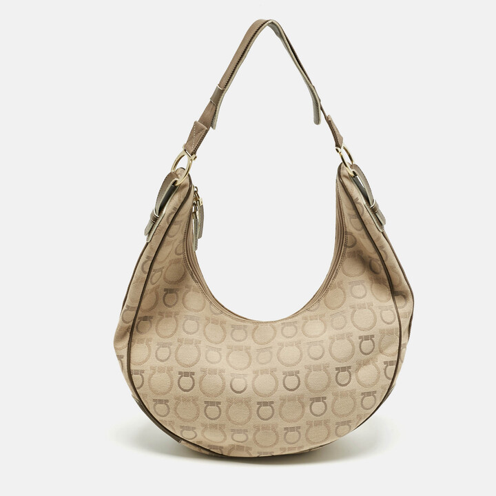 Ferragamo Beige Gancini Printed Fabric and Leather Hobo