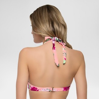 Tori Praver Seafoam Women's Floral Smocked High Neck Keyhole Bikini Swim Top - Petal Pink/Army Green