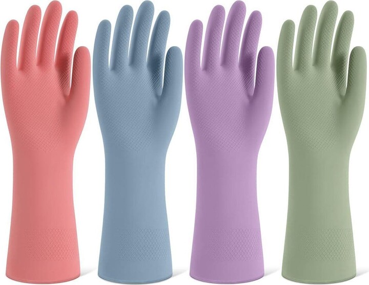 Augbeer Large Rubber Cleaning Gloves in Pink with Flocked Lining and Non-Slip Grip for Washing Dishes and Household (4-Pack)