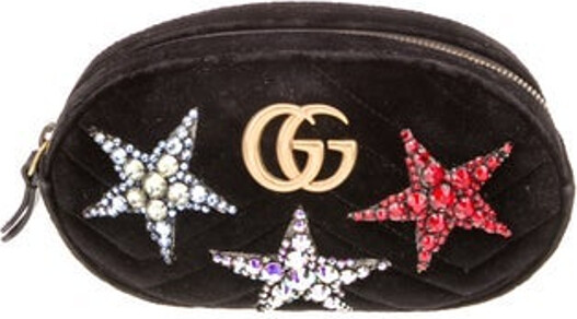 Gucci Pouch Black Velvet Graphic Print Gold-Tone Hardware Satin Lining Zip Closure at Side
