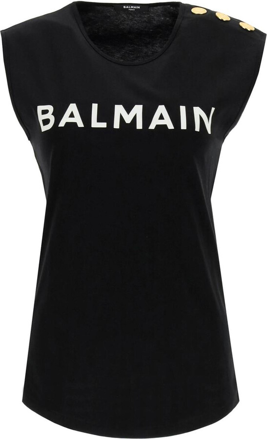 Balmain logo print sleeveless t-shirt - ShopStyle Tops