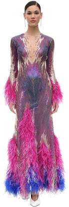 ATTICO Sequined Tulle Long Dress W/feathers