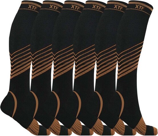 Copper Compression Socks - Knee High for Running, Athtletics, Travel - 6  Pair