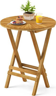 Lark Manor Patio Folding Side Table Teak Wood Round End Table with Slatted Tabletop and X-Shaped Frame