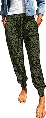 BETTE BOUTIK Women Casual Pants Drawstring Elastic Waist Jogging Jogger Running Green Leopard Pants with Pockets M