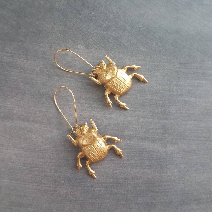 Etsy Gold Beetle Earrings, Large Beetle Earring, Gold Insect Big Bug Jewelry, Dangle, Latching Kidney Ear Hook
