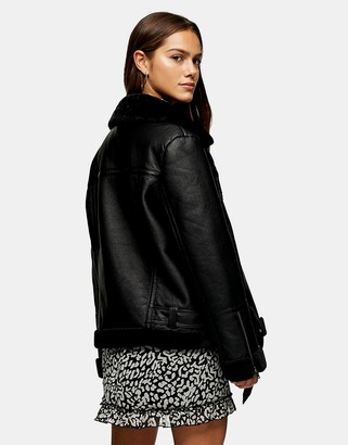 Topshop Petite faux leather biker jacket in black - ShopStyle