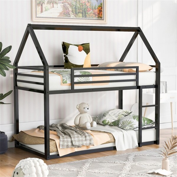 RISOKEYSTwinOverTwinBunkBed-LowBunkBedMetalBunkBedswithLadderandFull-LengthGuardrailforGirl&Boy,NoBoxSpringNeeded-Black