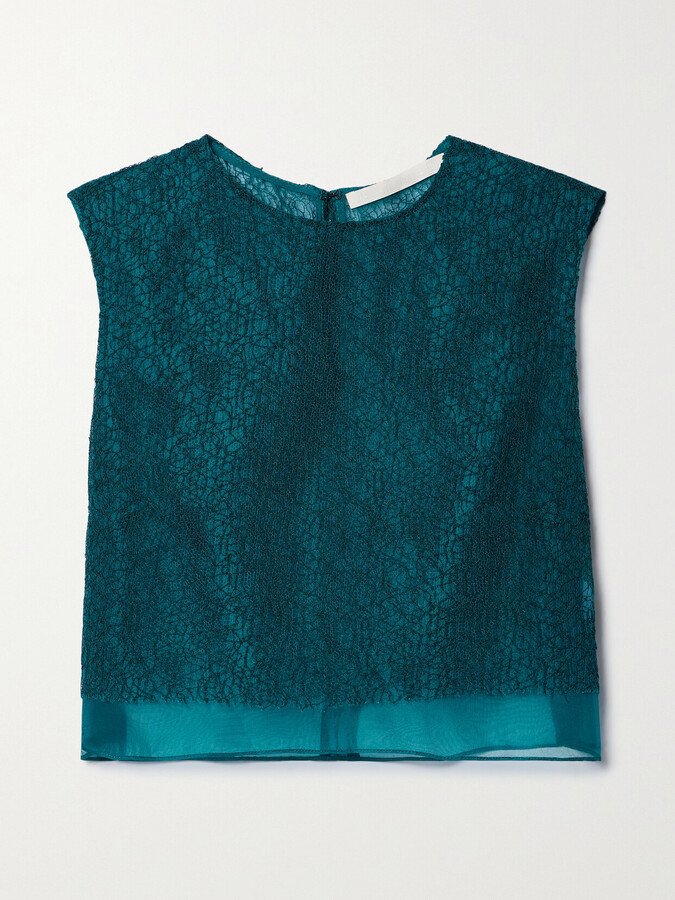 Jason Wu Collection Cropped Layered Corded Lace And Silk-organza Top - Green