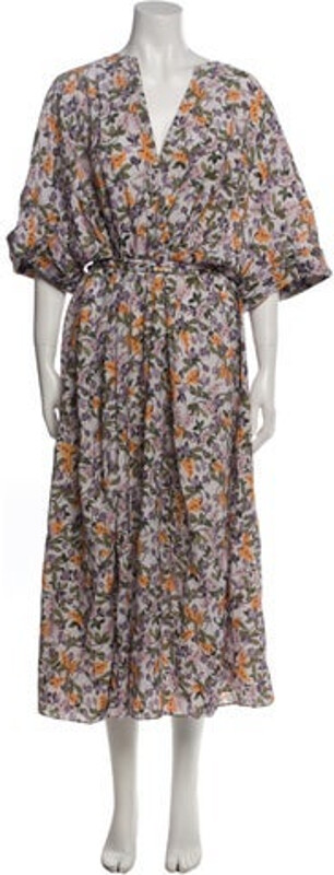 Vince A-Line Dress Purple Floral Print Pleated Accents Three-Quarter Sleeve with V-Neck Sash-Tie Closure at Front