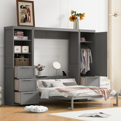 Queen Size Murphy Bed Wall Bed with Closet, Space-Saving Design and Ample Storage for Modern Homes