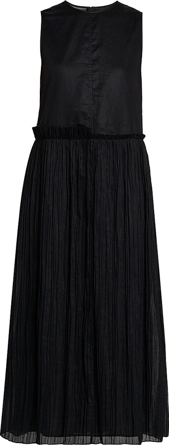 Women's Pleated Cotton Sleeveless Midi-Dress - Black - Size 4