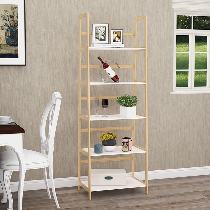 MILEMONT 5 Tier White Ladder Shelf, Modern Wood Ladder Bookshelf