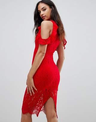 NaaNaa Lace Bodycon Midi Dress With Cold Shoulder And Cut Out Detail