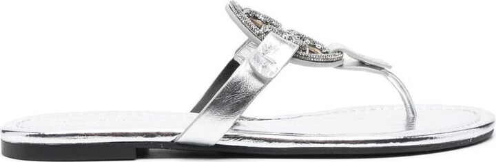 Tory Burch 'miller' Silver-tone Thong Sandal With Crystal Embellished Logo  In Metallic Leather Woman - ShopStyle