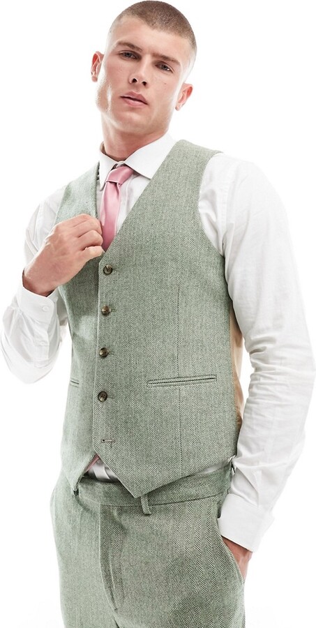 Harry Brown Wedding tweed slim fit waistcoat in green herringbone