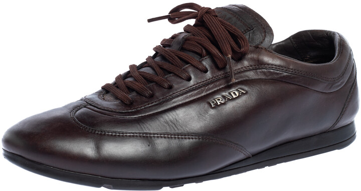 Prada Sport Dark Brown Leather Lace Up Low Top Sneakers Size 43 - ShopStyle