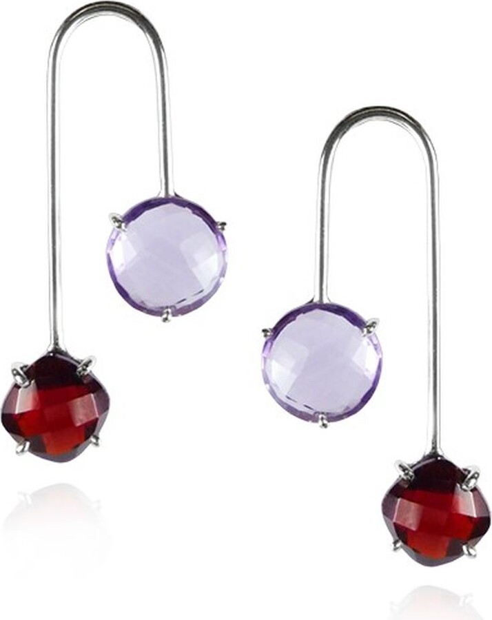 Mounir London Red / Purple Amethyst And Garnet Silver Drop Earrings