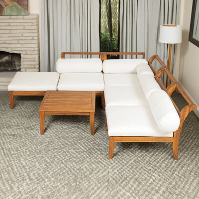 Lark Manor Topmax 6-Piece Patio Sofa Set, Made Of Acacia Wood, L-Shaped Modular Combination, Convertible Sofa Bed, Equipped With Coffee Table And Footstool