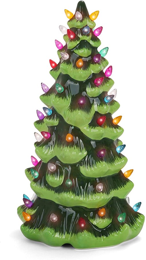 Milltown Merchants Ceramic Christmas Tree - Tabletop Christmas Tree with Lights - (13" Green Christmas Tree/Multicolored Lights) - Lighted Vintage Ceramic Tree - Nostalgic Christmas Tree