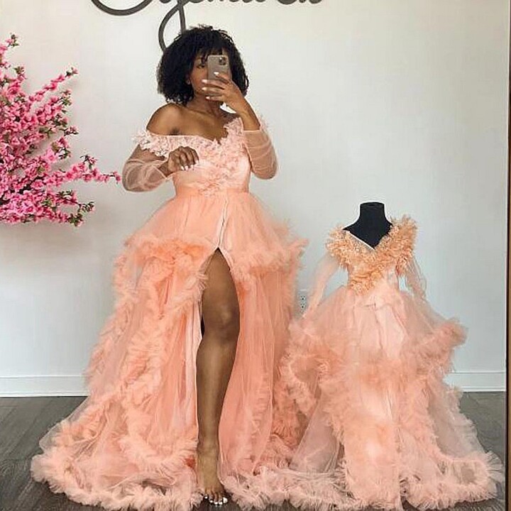 Peach Mother And Kids Tulle Dress Off Shoulder Side Split Long Sleeves Mom And Me Birthday Gowns For Photo Shoot Custom Made