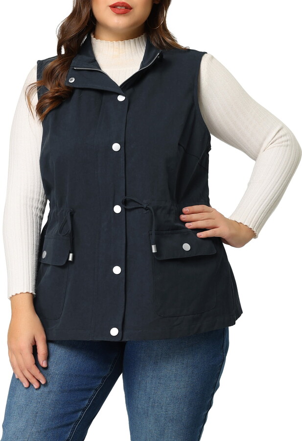 Unique Bargains Juniors’ Plus Size Sleeveless Cargo Drawstring Waist Fashion Jacket Vest 1X Navy Blue