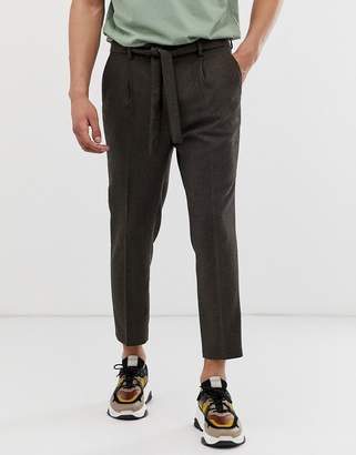 ASOS Design DESIGN tapered smart trousers in brown wool mix wide herringbone with tie belt