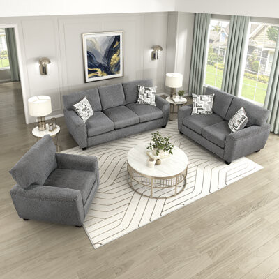 Winston Porter Taelyn Modern & Contemporary Chenille Living Room Set with High-Density Foam over Pocket Coils Comfort & Modern Square Arm Design