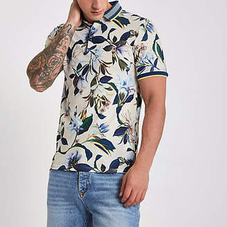 River Island Mens Beige muscle fit floral polo shirt