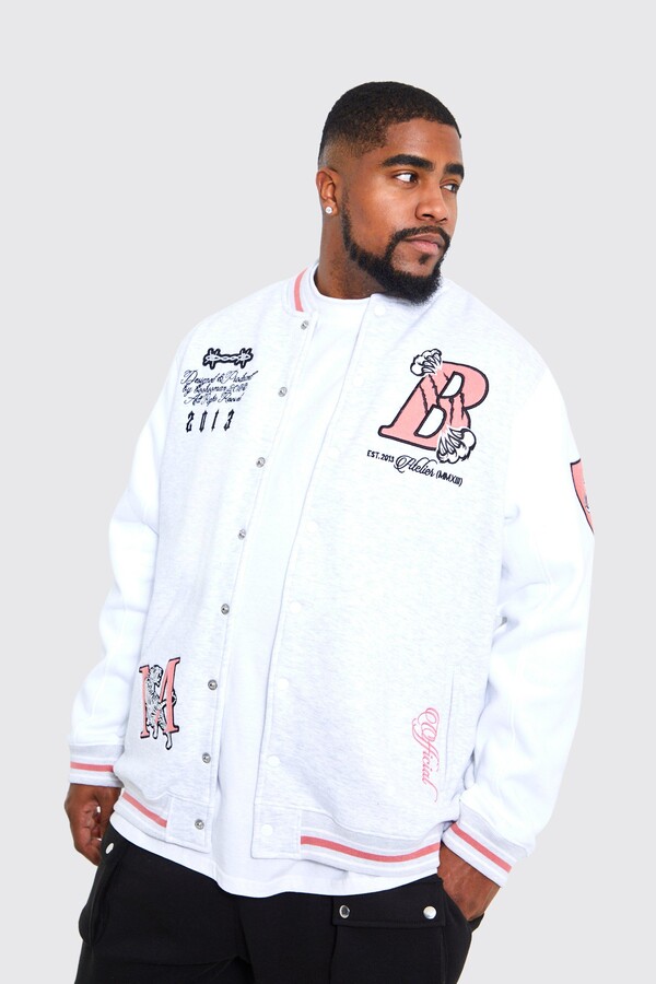 BoohooMAN Plus Red and White Cotton Jersey Bomber Varsity Jacket with Badges