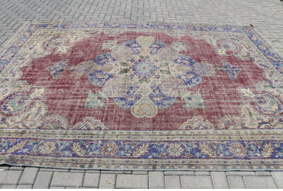 Bungalow Rose Oversize Turkish Vintage Antique Blue Rug Handmade Home Decor in Bohemian Oushak Style Ideal for Living Room and Bedroom