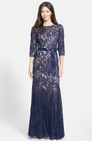 Thumbnail for your product : JS Collections Ribbon Belt Paneled Lace Trumpet Gown