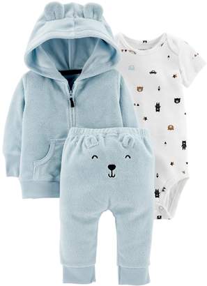 Carter's Baby Boy Print Bodysuit, Hooded Cardigan & Embroidered Pants Set
