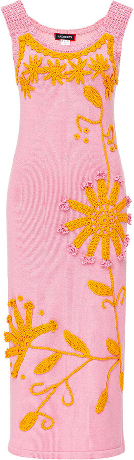 Andreeva Pink Golden Daisy Knit Dress With Handmade Embroidery