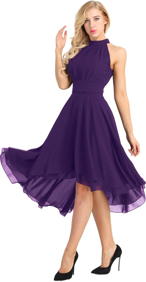 inlzdz Womens Halter Neck Sleeveless High-Low Flowy Chiffon Bridesmaid Dress  Evening Party Cocktail Dress Purple 10 - ShopStyle