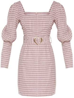 PrettyLittleThing Pink Check Square Neck Puff Sleeve Belted Shift Dress