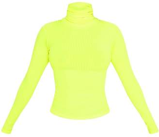 PrettyLittleThing Neon Lime Rib Roll Neck Long Sleeve Top