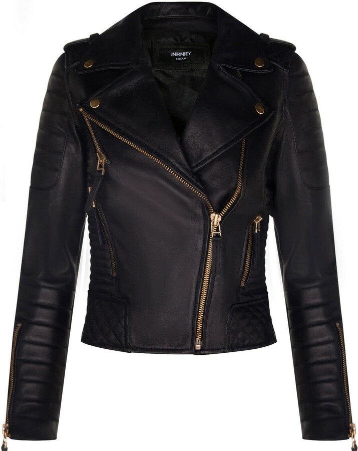 Infinity Leather Ladies Leather Biker Jacket Quilted Matte Black Gold