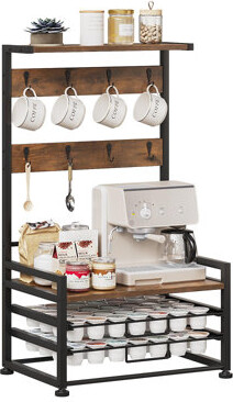 East West Furniture 3-Tier K-Cup Coffee Pod Drawer Holder, 56 Pod Capacity with 2-Tier Sliding Drawers & 8 Hooks, Countertop Capsule Storage Organizer for Home Office Caf