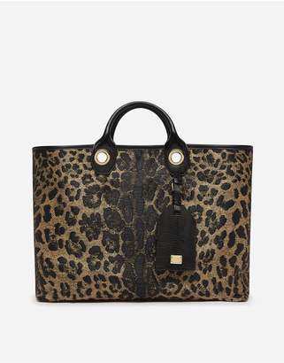 Dolce & Gabbana Large Capri Shopping Bag In Jacquard Raffia With Leopard Print