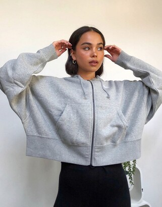 Nike mini swoosh oversized cropped zip through hoodie in gray - ShopStyle
