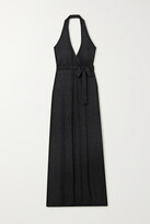 Thumbnail for your product : Marika Vera Metallic Striped Crepe Halterneck Wrap Maxi Dress - Black