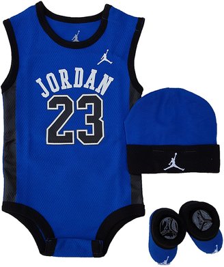 Nike Jordan 3 Piece Infant Set Baby Boy Bodysuit Booties Beanie Blue 6-12 Month