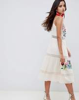Thumbnail for your product : ASOS Design DESIGN Lace Insert Crinkle Tiered Midi Dress With Embroidery