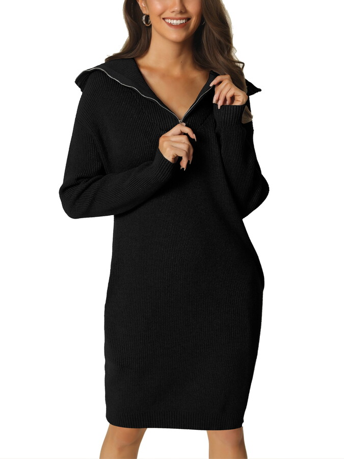 Unique Bargains Women’s Zipper V Neck Long Sleeve Slim Fit Casual Midi Sweater Dress L Black