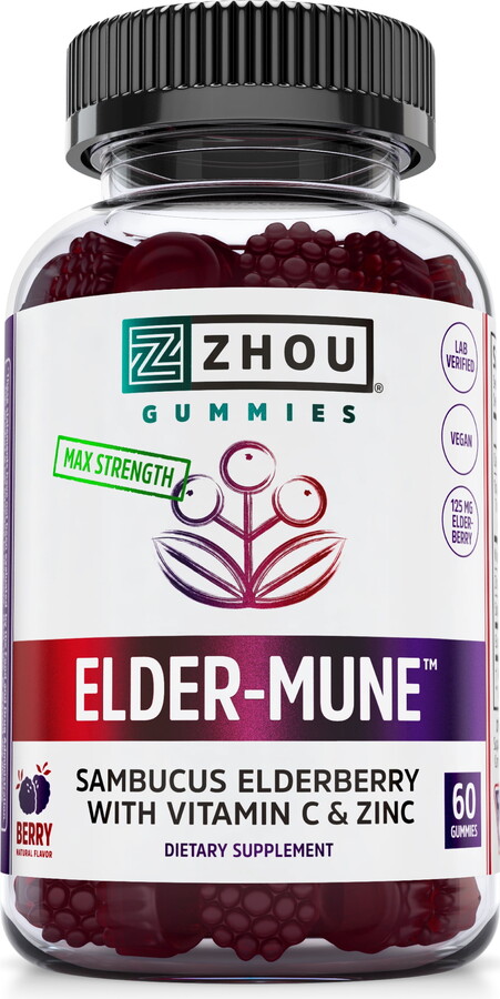 Zhou Nutrition Zhou Elder-Mune Sambucus Elderberry Gummies | Antioxidant Flavonoids, Immune Support, Zinc & Vitamin C Supplement | 30 Servings, 60 Gummies