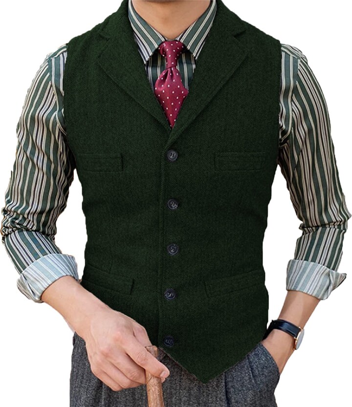 BYLUNTA Business Mens Herringbone Vests Tweed Waistcoats Notch Lapel ...